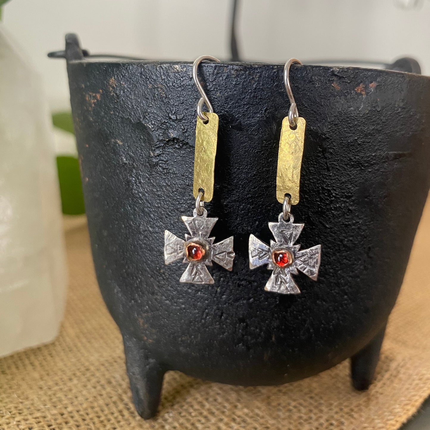 Cross of Light Earrings with Garnet