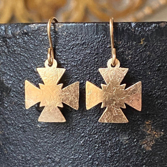 Solid Gold Hammered Cross Earrings