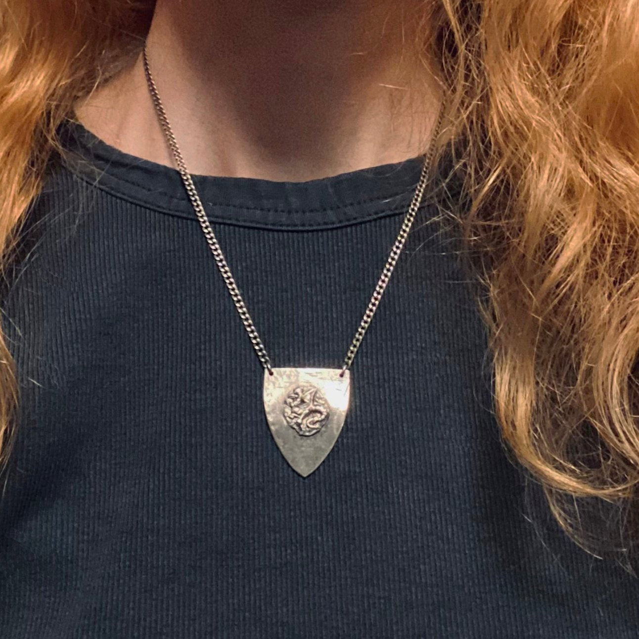 Sterling Silver Dragon Shield Necklace