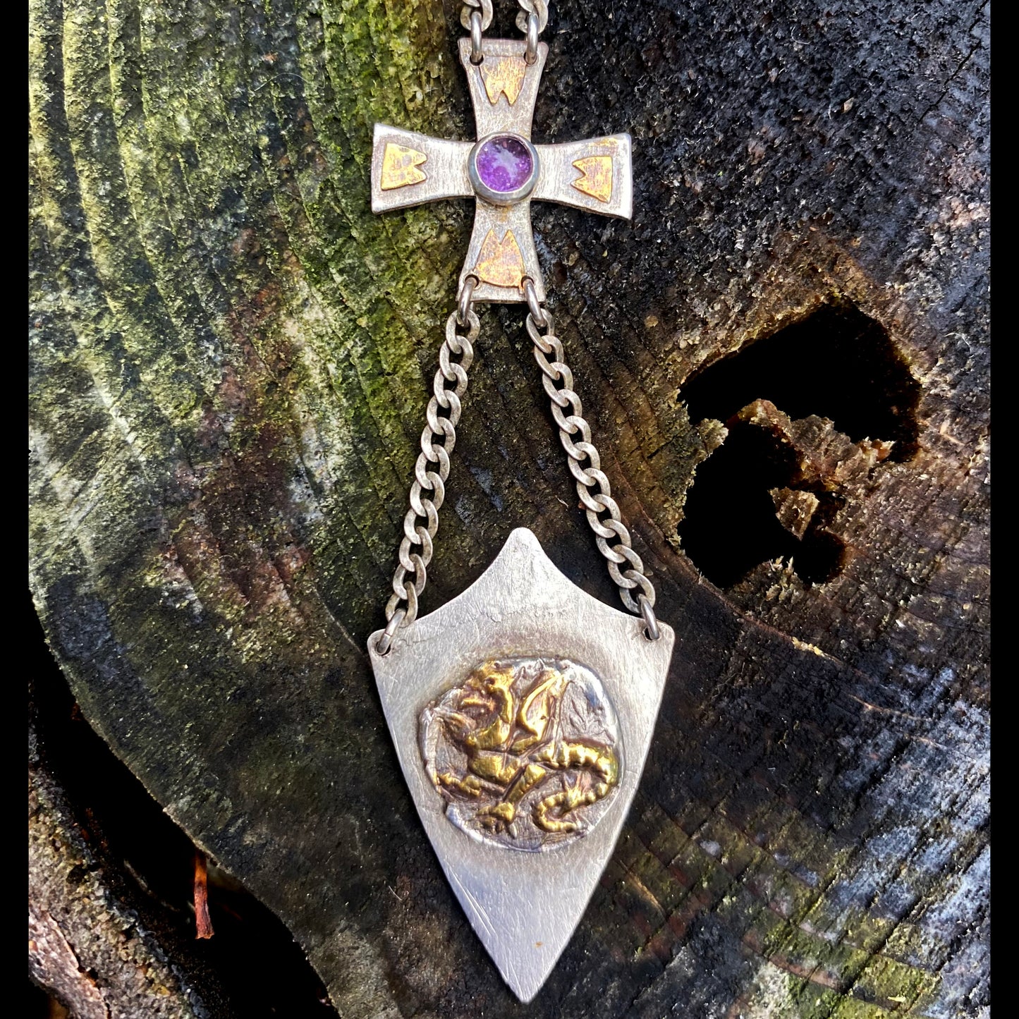 Dragon Shield and Amethyst Cross Necklace