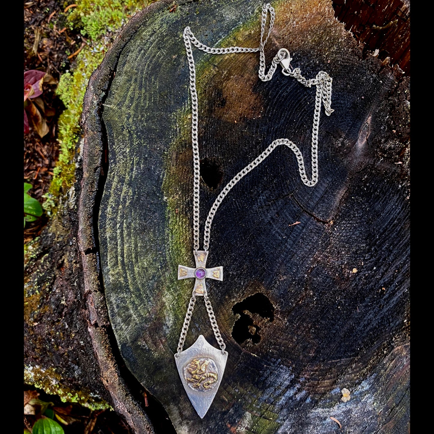 Dragon Shield and Amethyst Cross Necklace