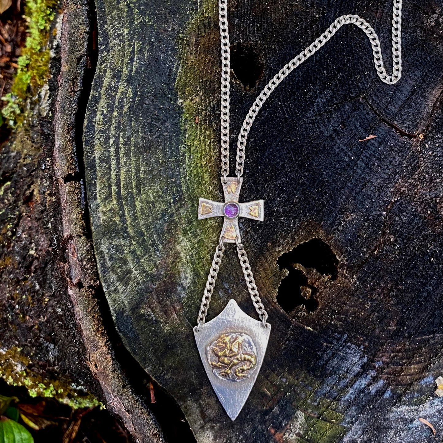 Dragon Shield and Amethyst Cross Necklace