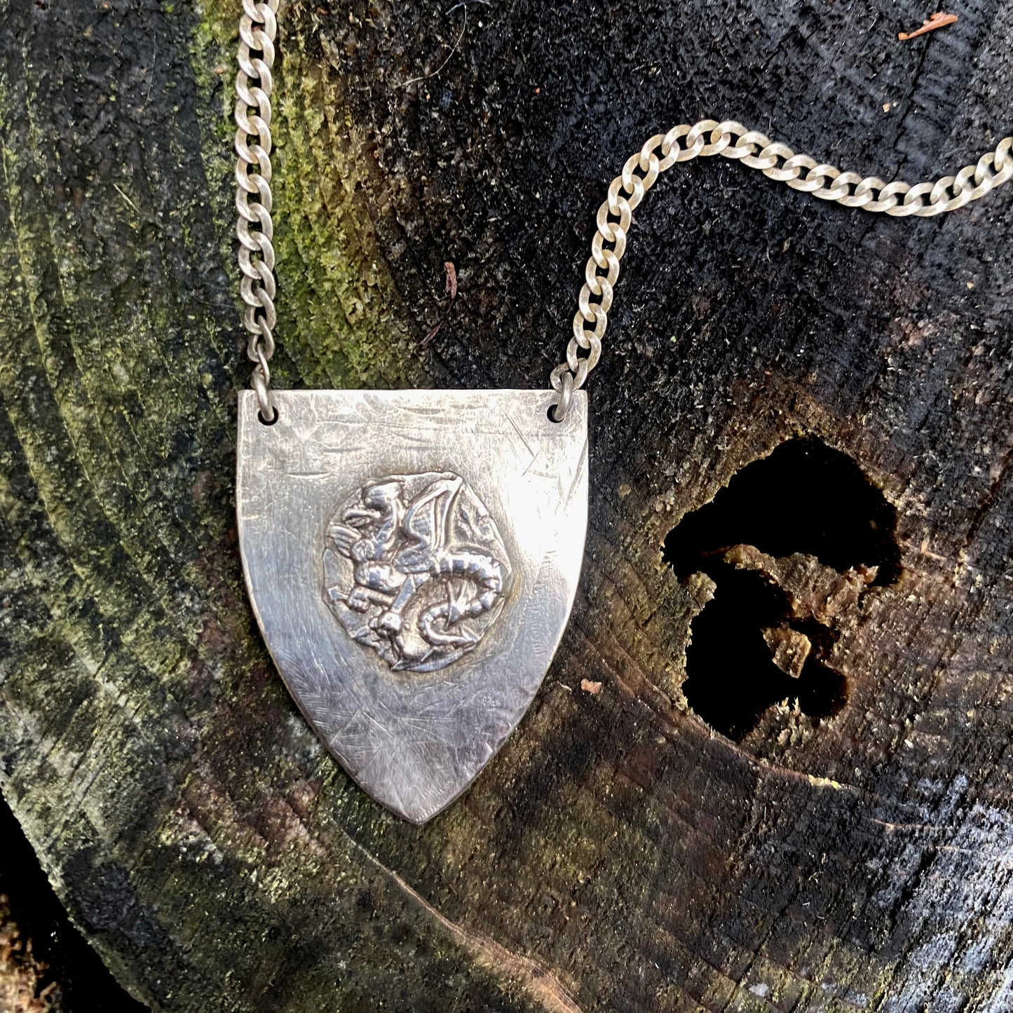 Sterling Silver Dragon Shield Necklace