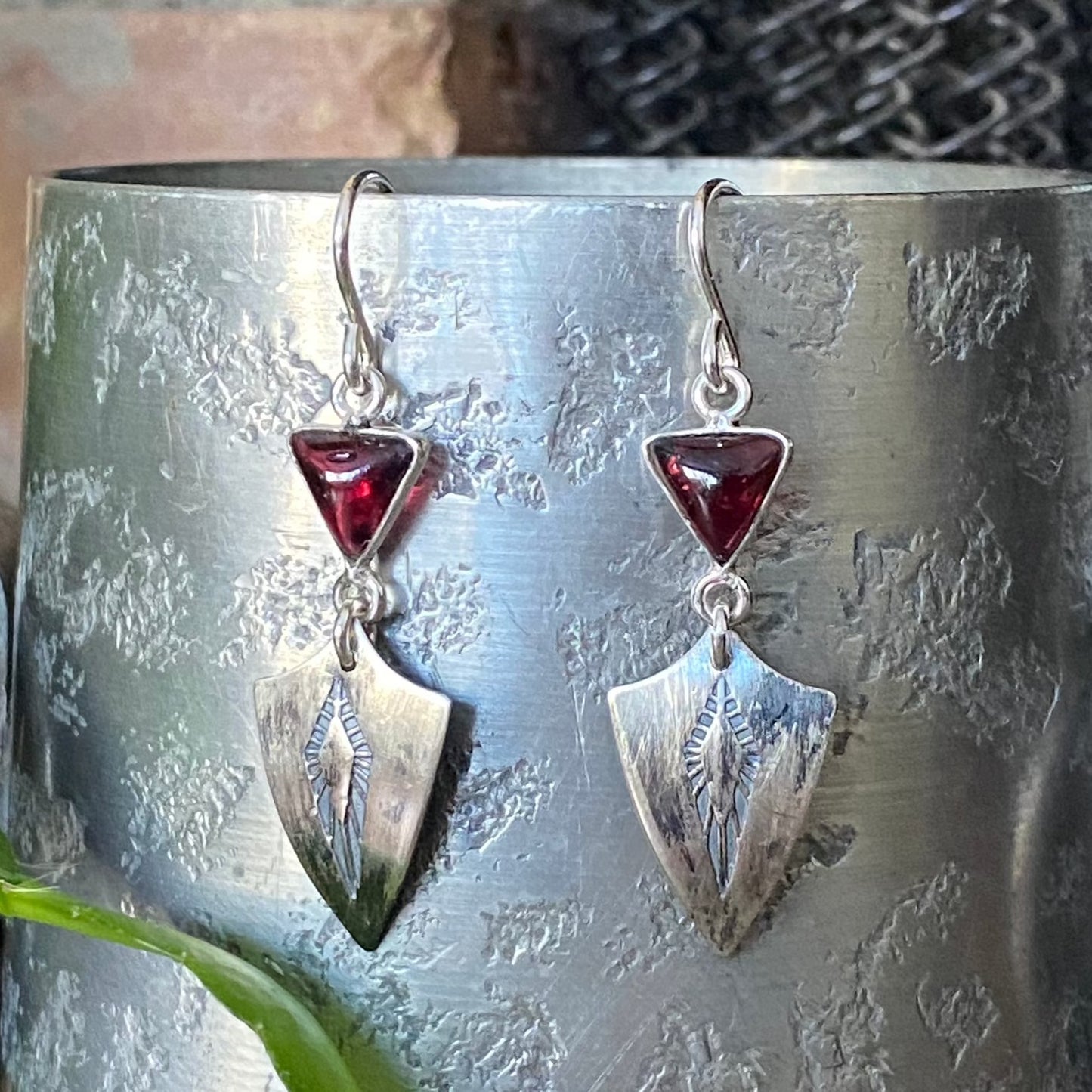 Garnet with Sterling Shield Earrings