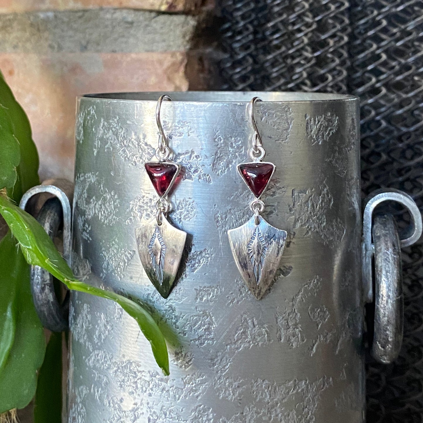 Garnet with Sterling Shield Earrings