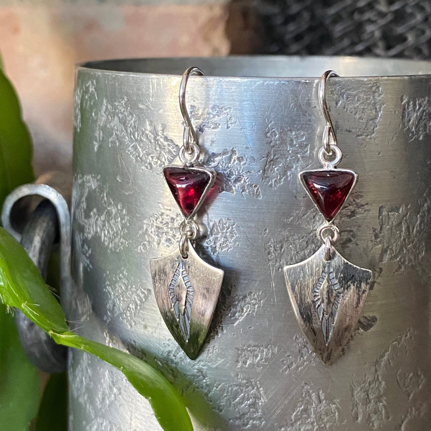 Garnet with Sterling Shield Earrings