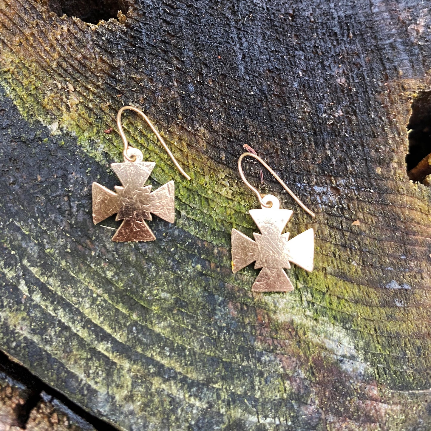 Solid Gold Hammered Cross Earrings