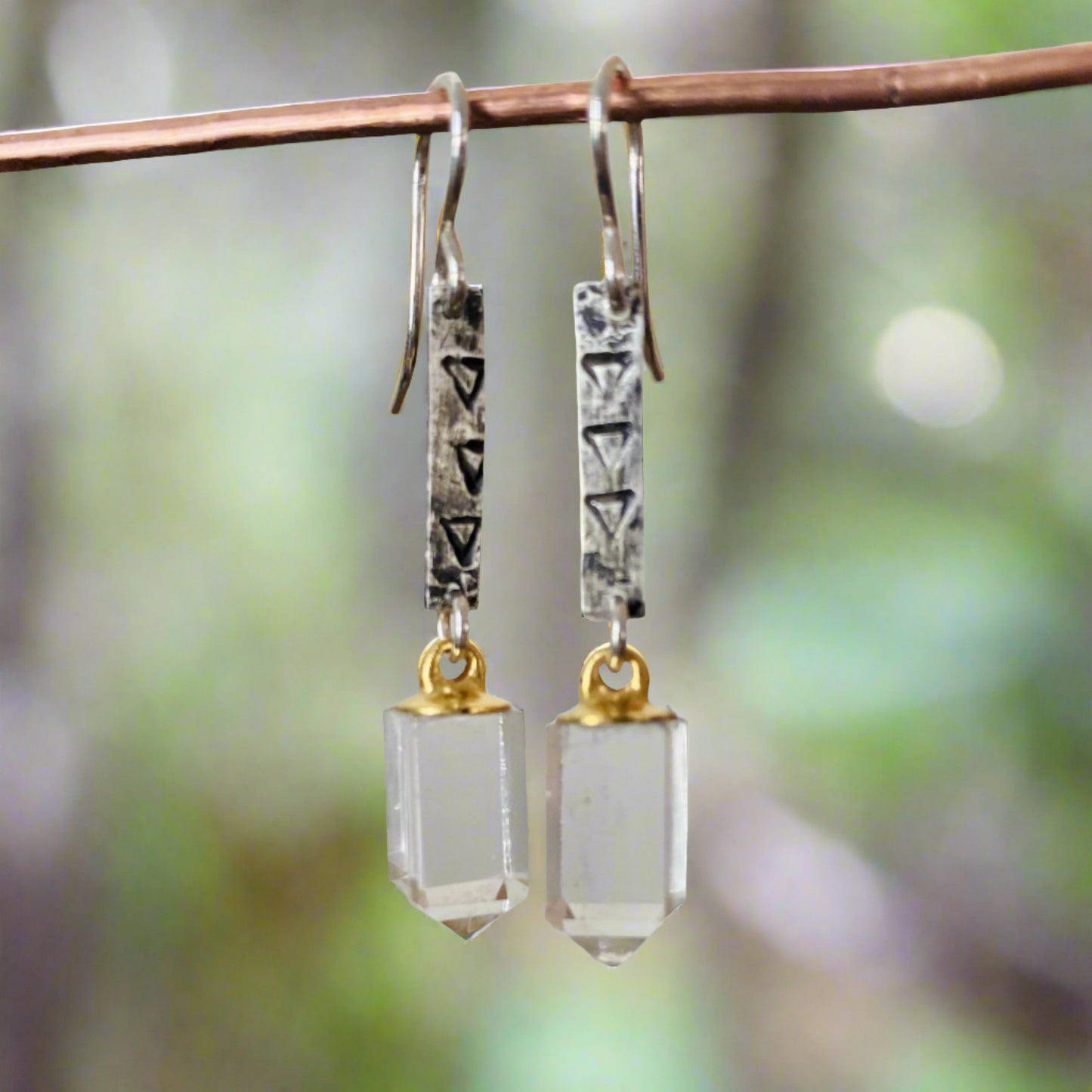 Stamped Sterling Earrings with Crystal Points